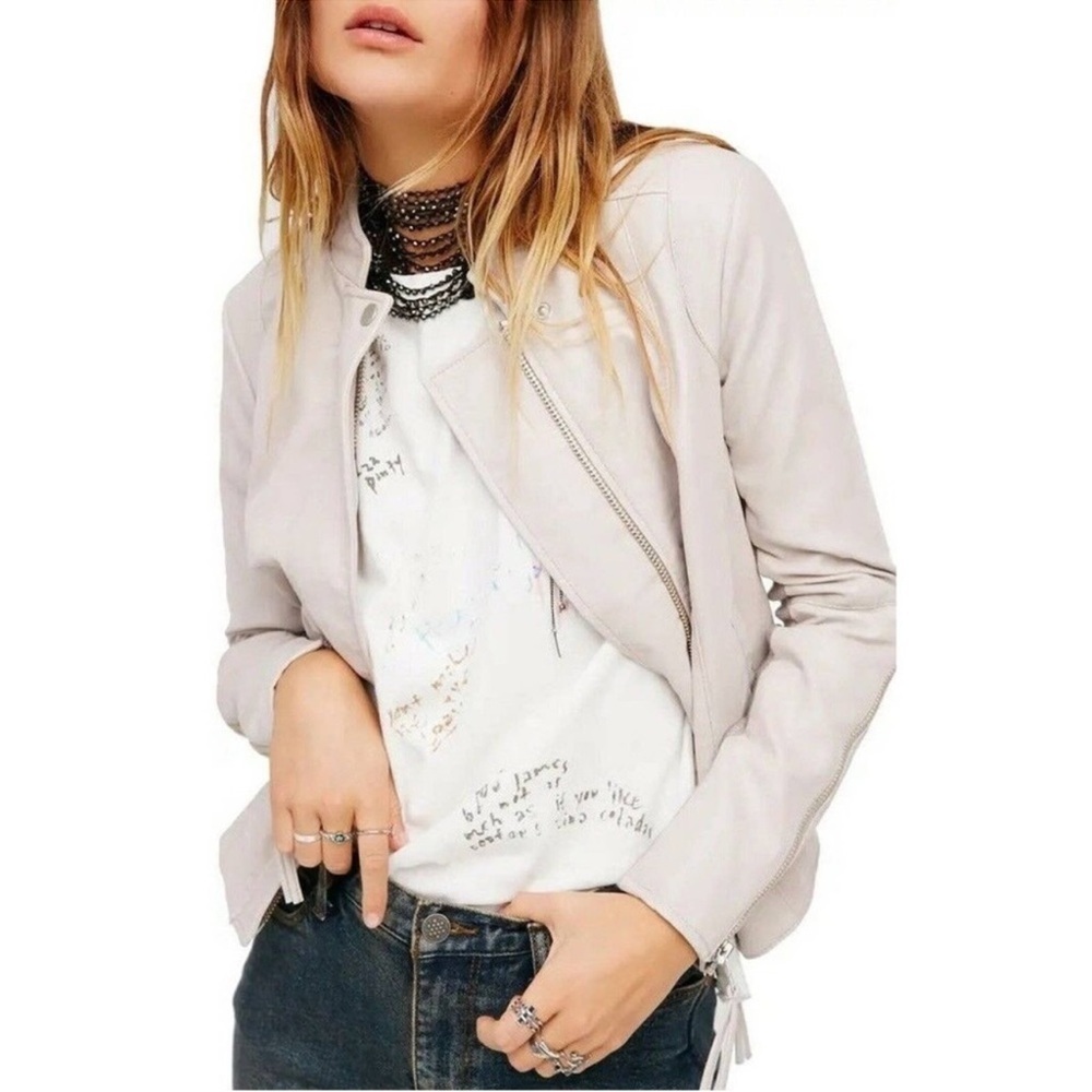 Free People Beige Faux Leather Moto Jacket Women's Size 0